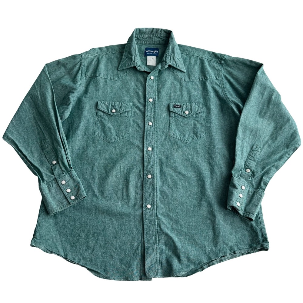 Wrangler VTG Cotton Broadcloth Western Pearl‎ Snap Green Shirt XXL
